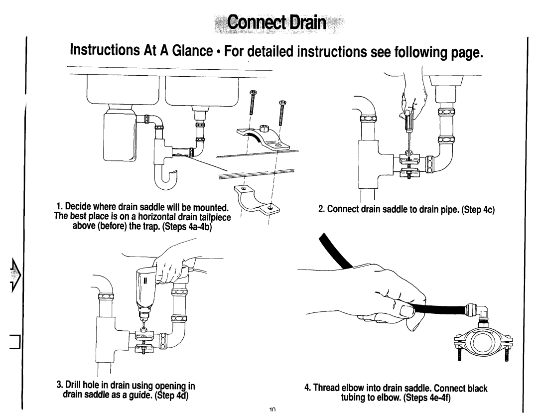 Whirlpool WSR413YW0 Connectdrainsaddleto drainpipe. c, Abovebeforethetrap.Steps4a-4b, Decidewheredrainsaddlewill bemounted 