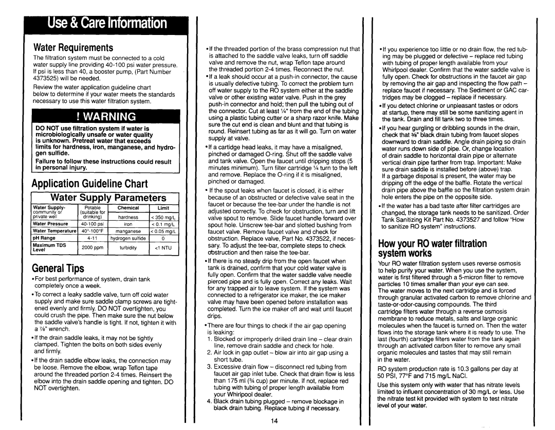 Whirlpool WSR413YW0 WaterRequirements, Application GuidelineChart Water Supply, HowyourROwaterfiltration systeinworks 