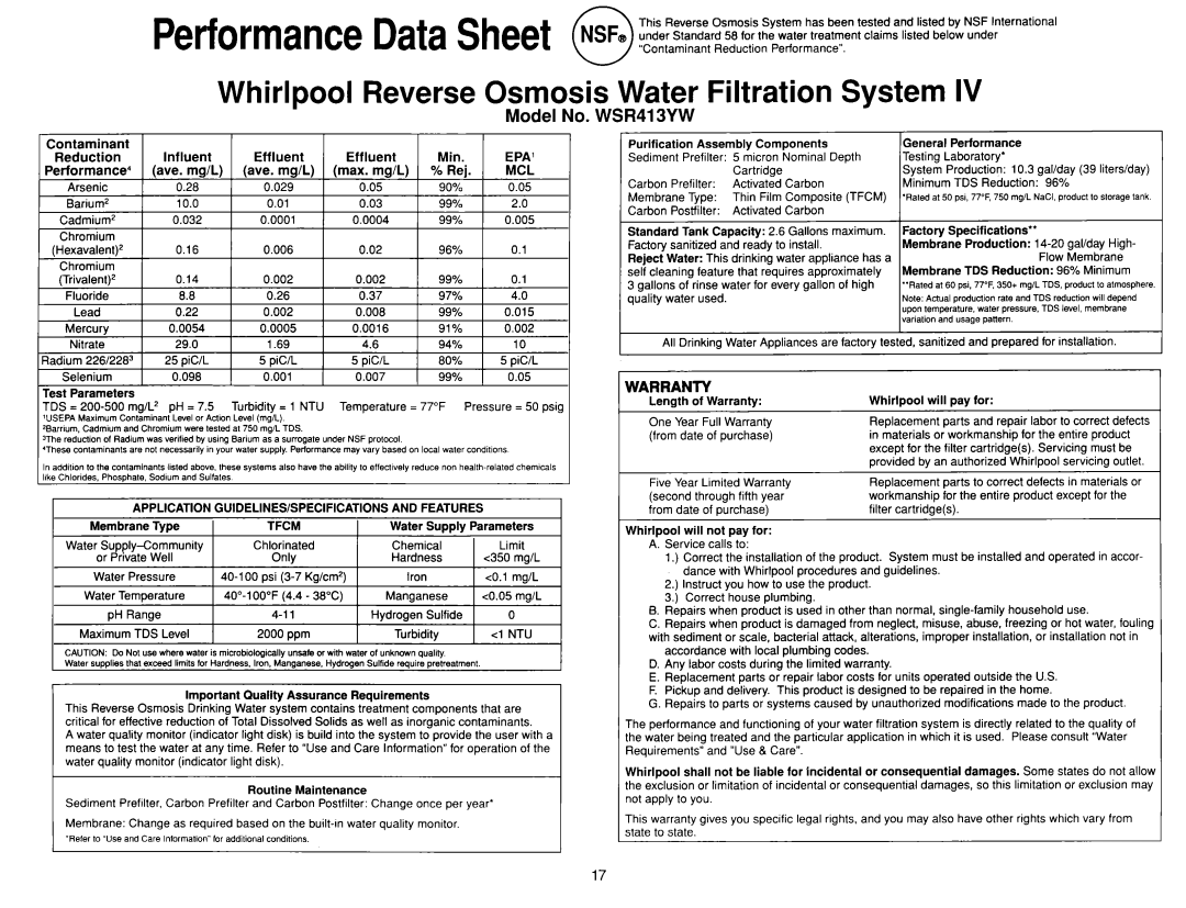 Whirlpool WSR413YW0 manual Whirlpool Reverse Osmosis Water Filtration System 