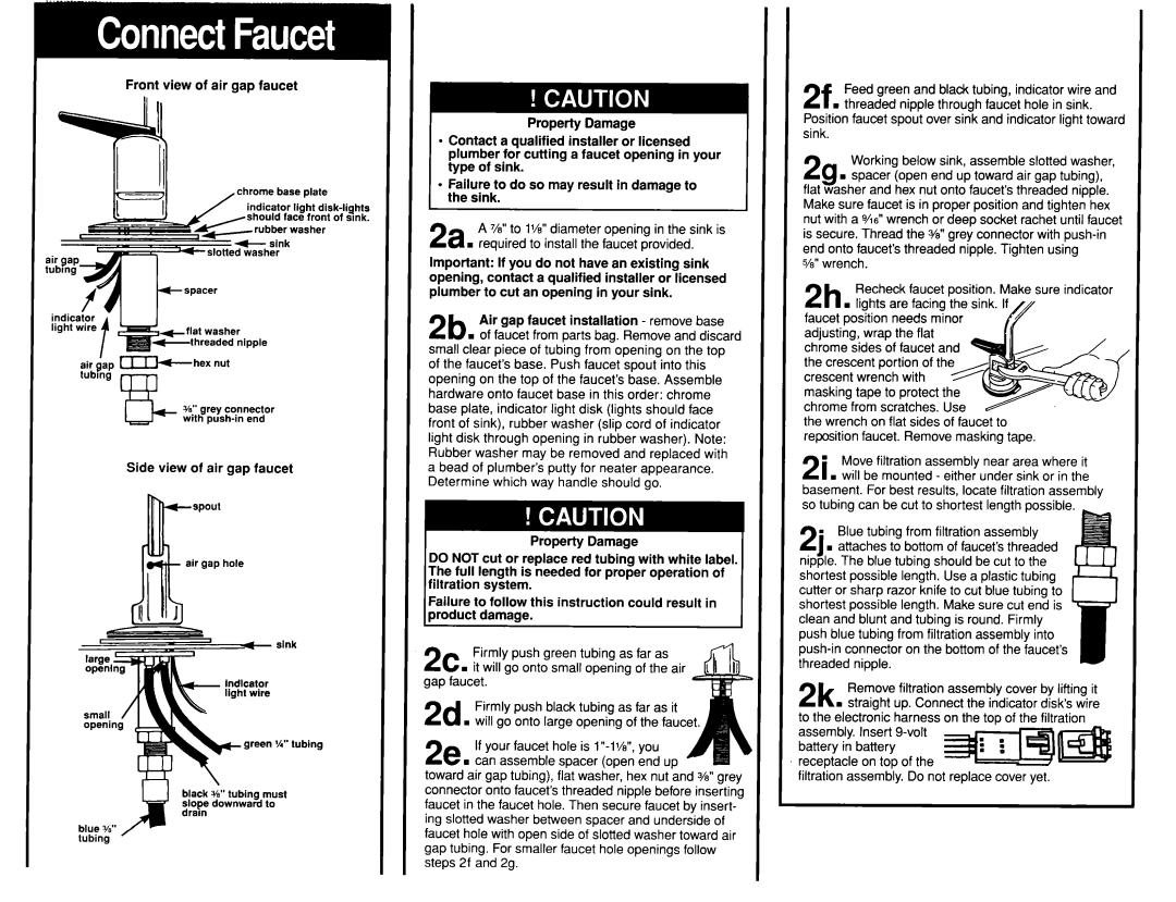 Whirlpool WSR413YW0 Front view of air gap faucet, Side view of air gap faucet, Move filtration assembly near area where it 