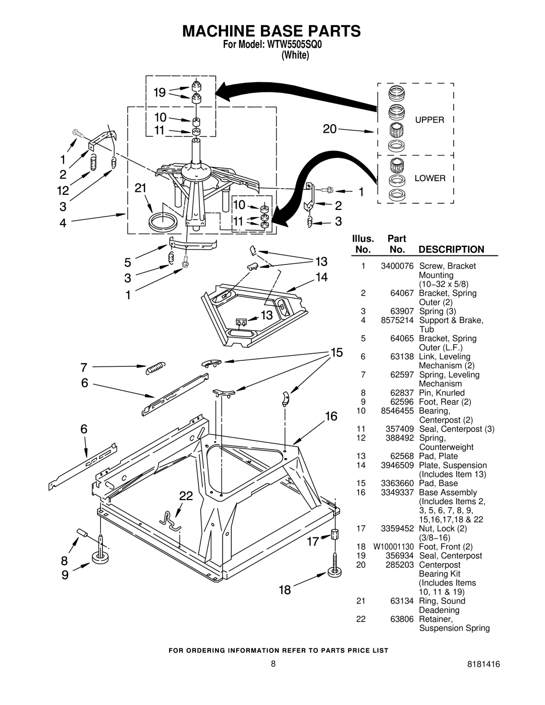 Whirlpool WTW5505SQ0 manual Machine Base Parts, Description 