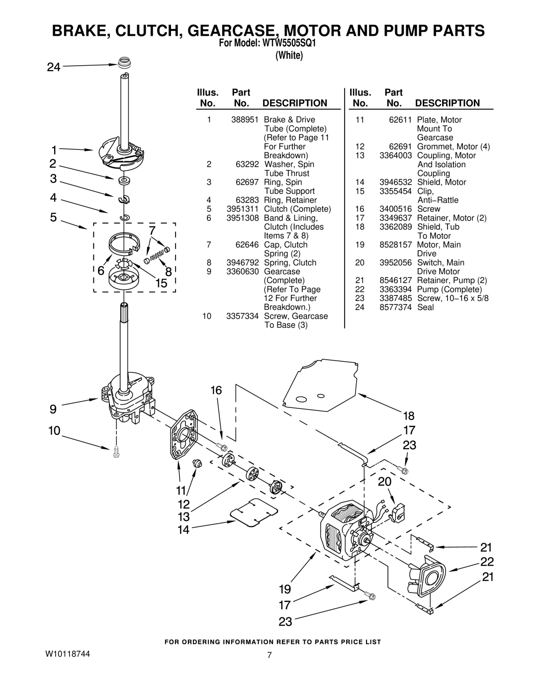 Whirlpool WTW5505SQ1 manual BRAKE, CLUTCH, GEARCASE, Motor and Pump Parts 