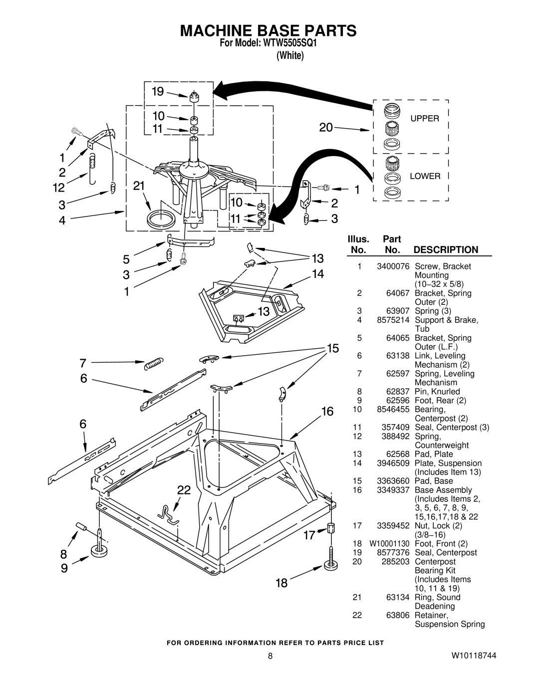 Whirlpool WTW5505SQ1 manual Machine Base Parts, Description 