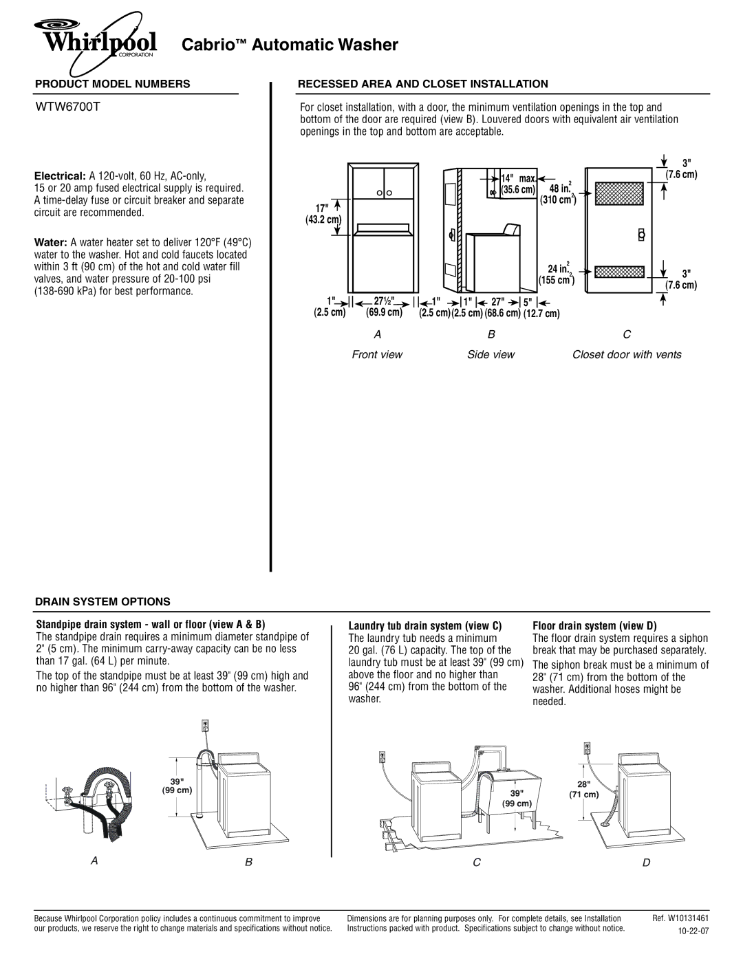 Whirlpool WTW6700T specifications Cabrio Automatic Washer, Product Model Numbers, Recessed Area and Closet Installation 