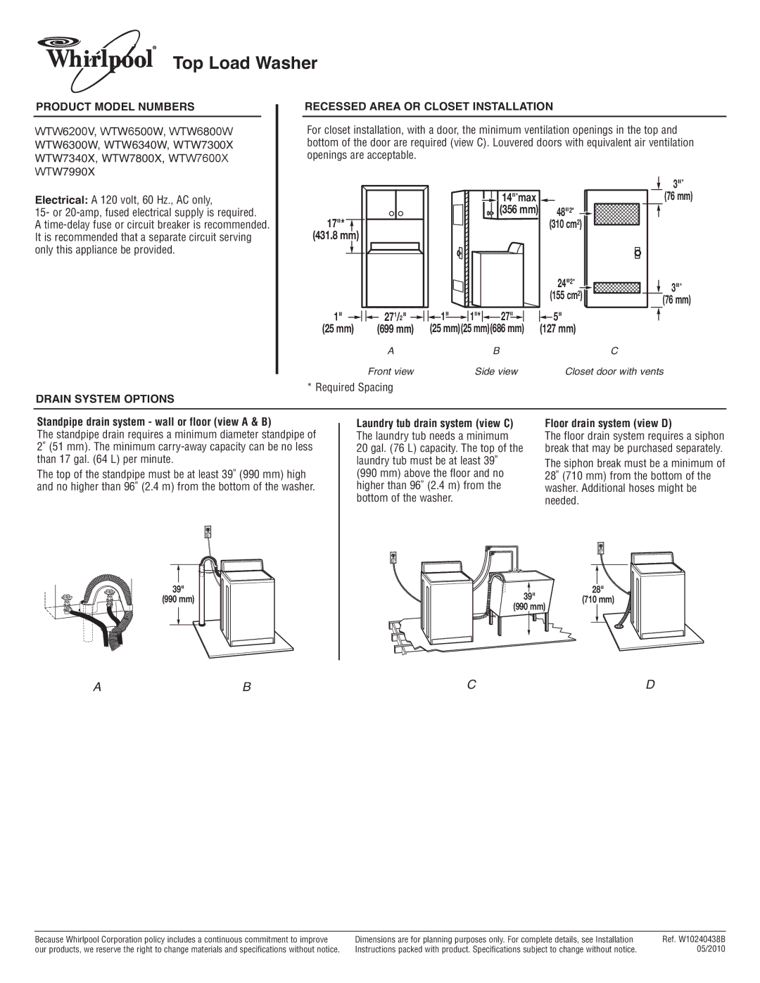 Whirlpool WTW7800X specifications Product Model Numbers, Recessed Area or Closet Installation, Drain System Options 