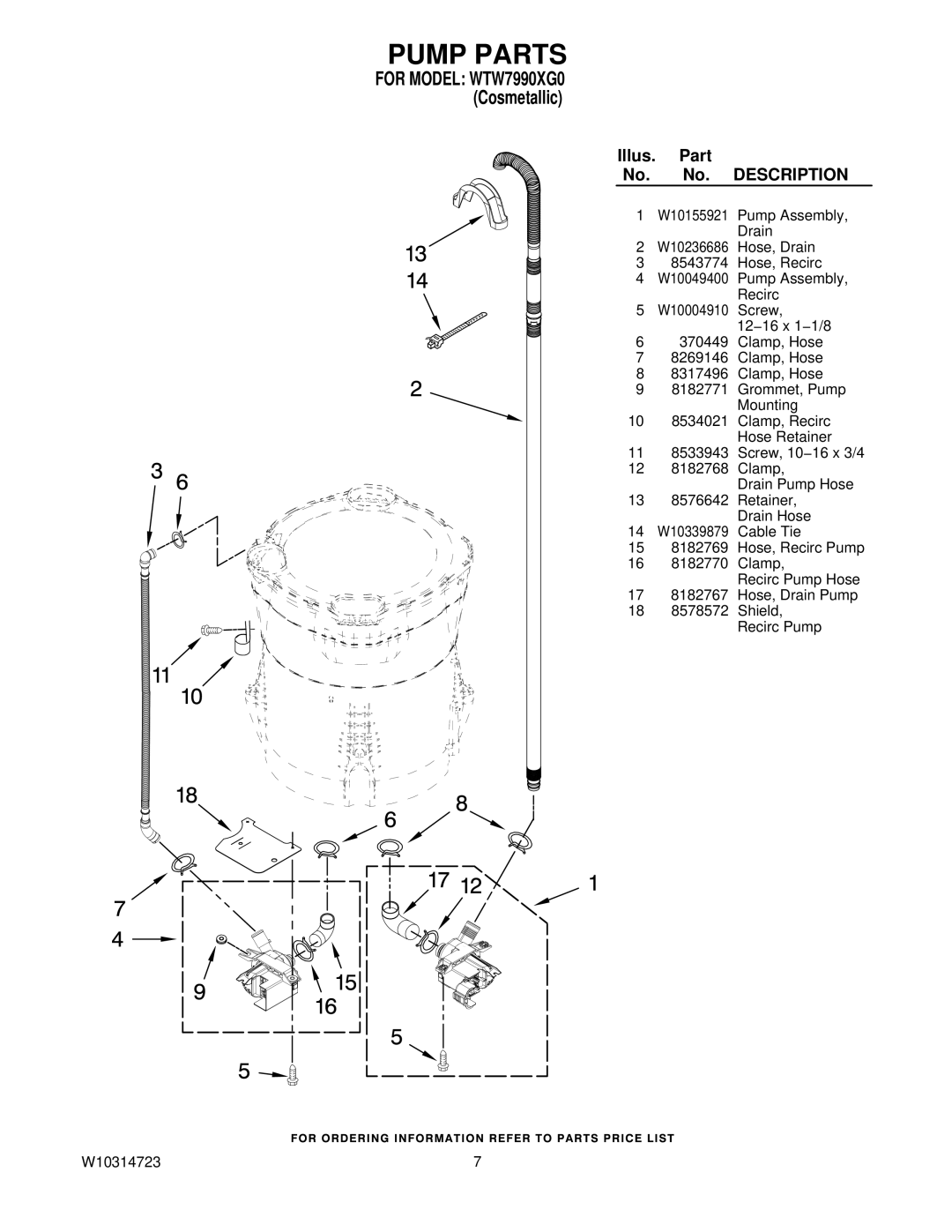 Whirlpool WTW7990XG0 manual Pump Parts, Description 