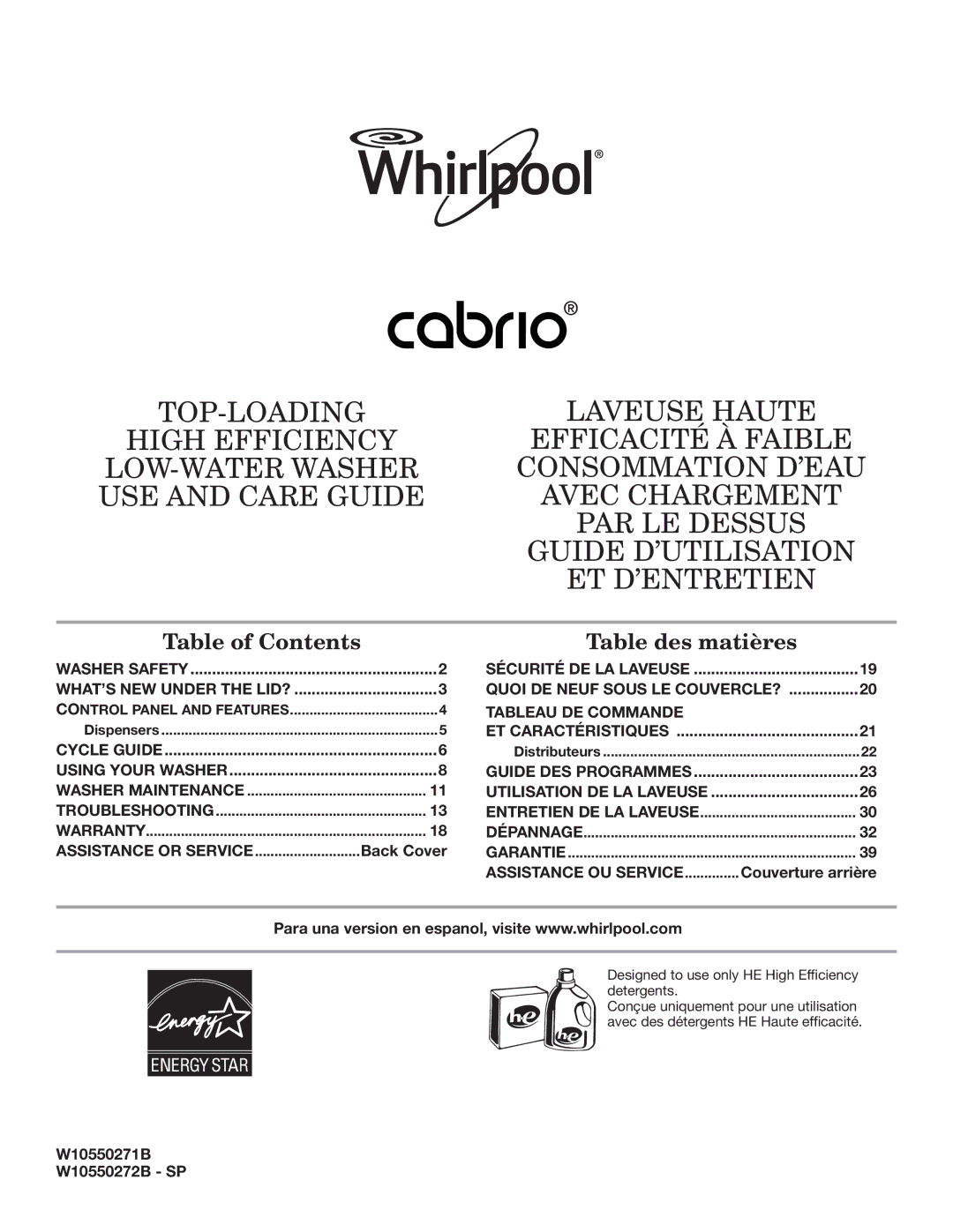 Whirlpool WTW8100BW warranty Table of Contents 