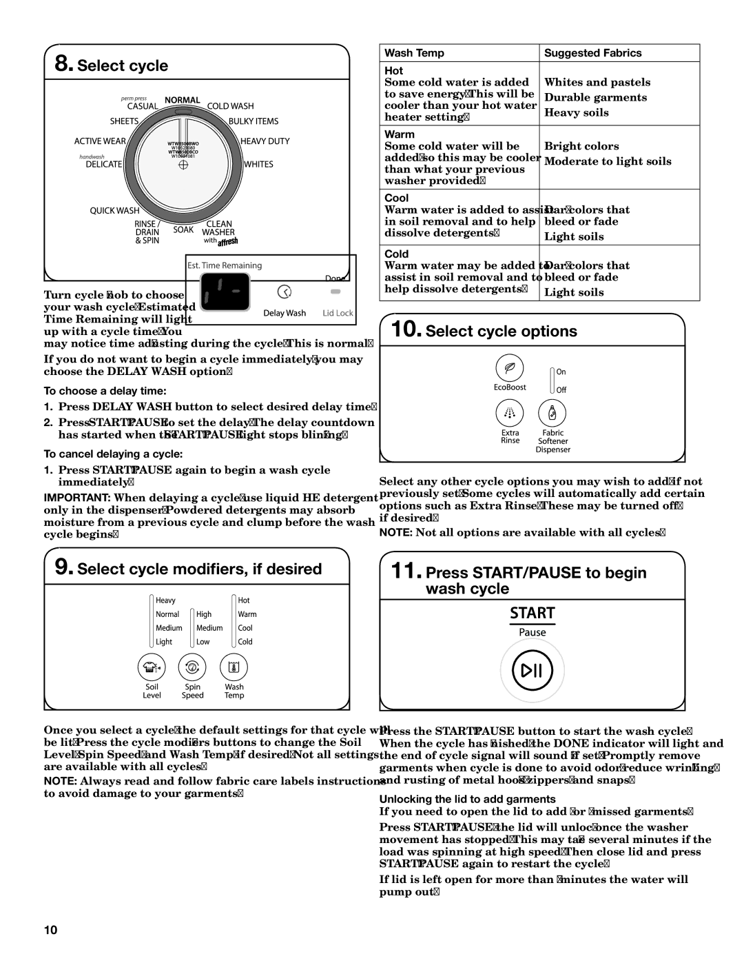 Whirlpool WTW8100BW Select cycle modifiers, if desired, Select cycle options, Press START/PAUSE to begin wash cycle 