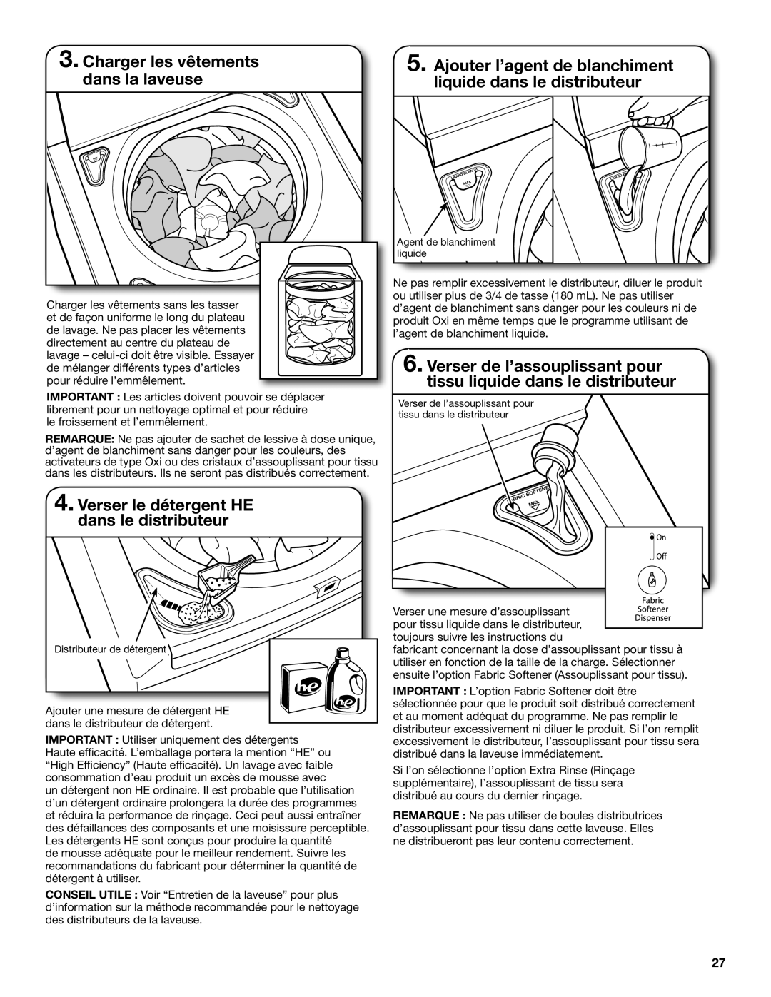 Whirlpool WTW8100BW warranty Verser le détergent HE Dans le distributeur 