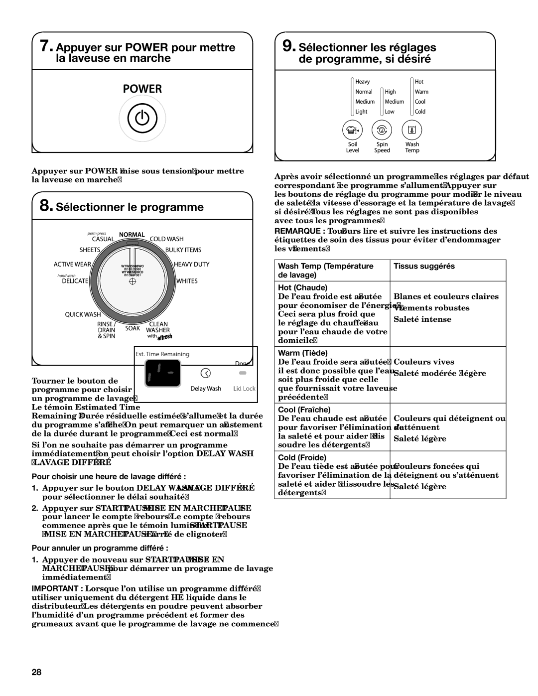 Whirlpool WTW8100BW warranty Sélectionner le programme 