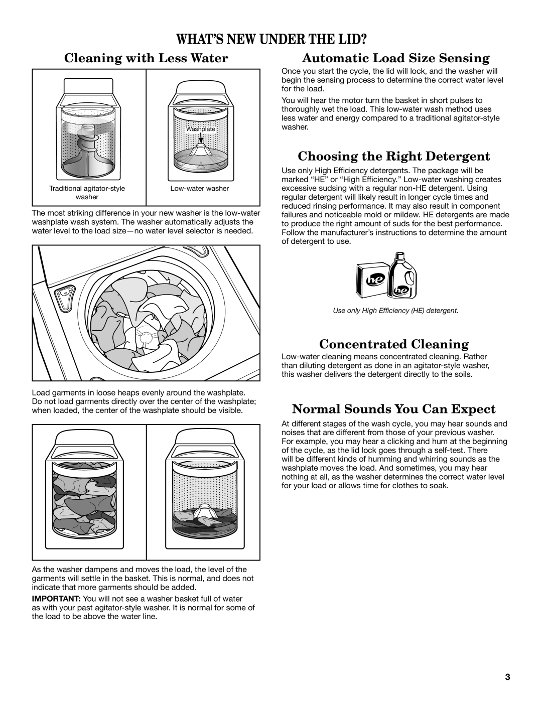 Whirlpool WTW8100BW warranty WHAT’S NEW Under the LID?, Cleaning with Less Water Automatic Load Size Sensing 