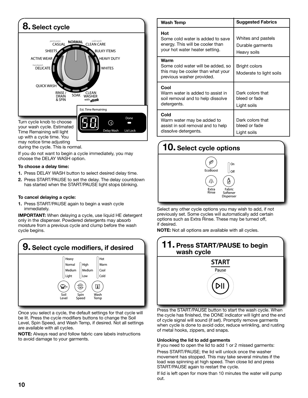 Whirlpool WTW8200YW Select cycle modifiers, if desired, Select cycle options, Press START/PAUSE to begin wash cycle 