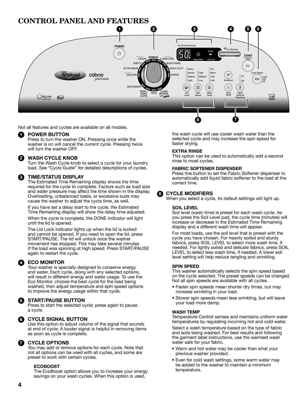 Whirlpool WTW8200YW warranty Control Panel and Features, Power Button 