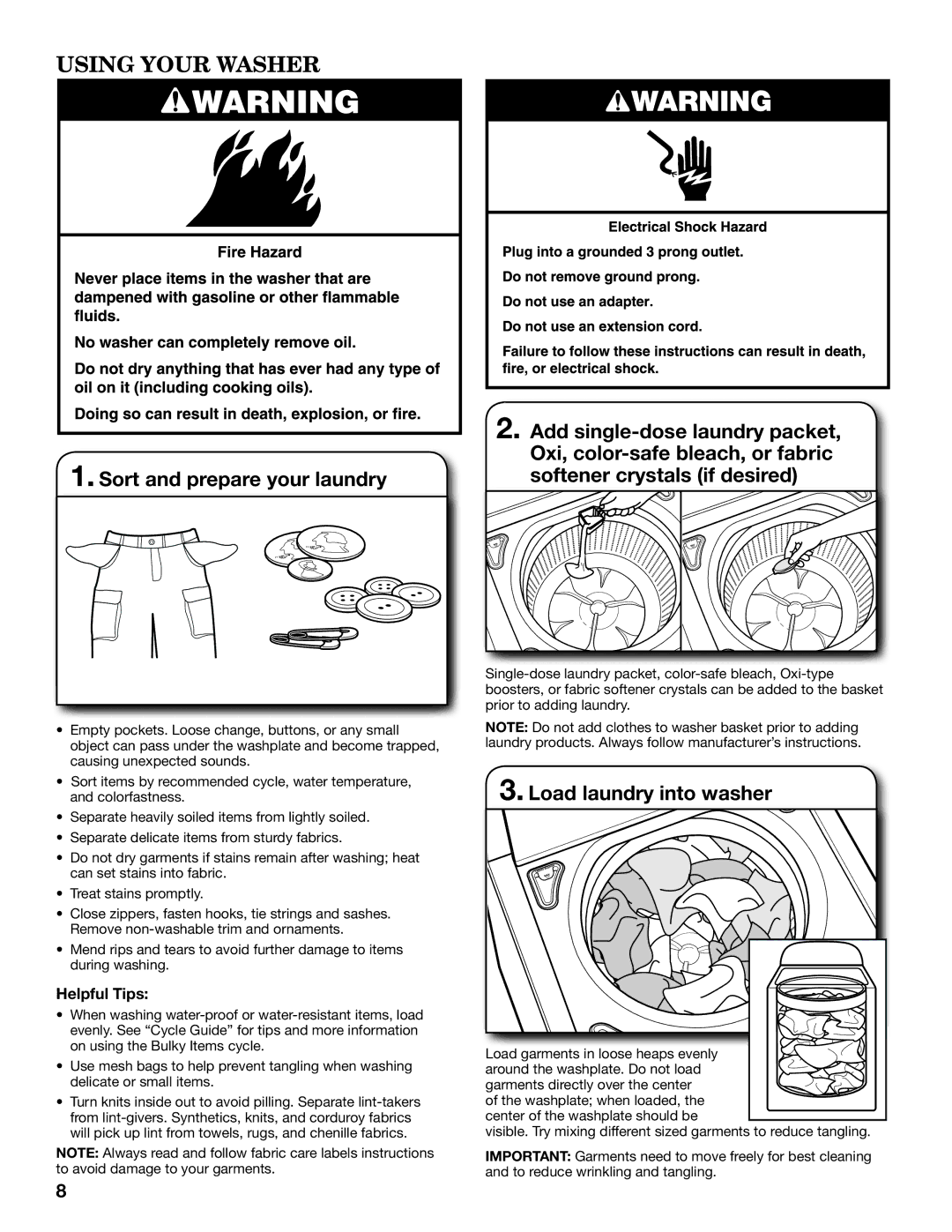 Whirlpool WTW8200YW warranty Using Your Washer, Load laundry into washer, Helpful Tips 