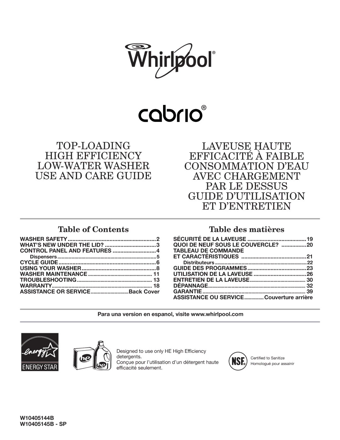 Whirlpool WTW8800YW, WTW8800YC warranty Table of Contents 