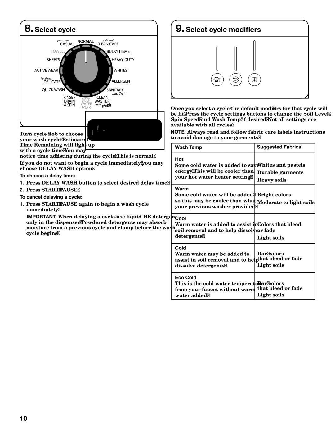 Whirlpool WTW8800YC, WTW8800YW warranty Select cycle Select cycle modifiers 