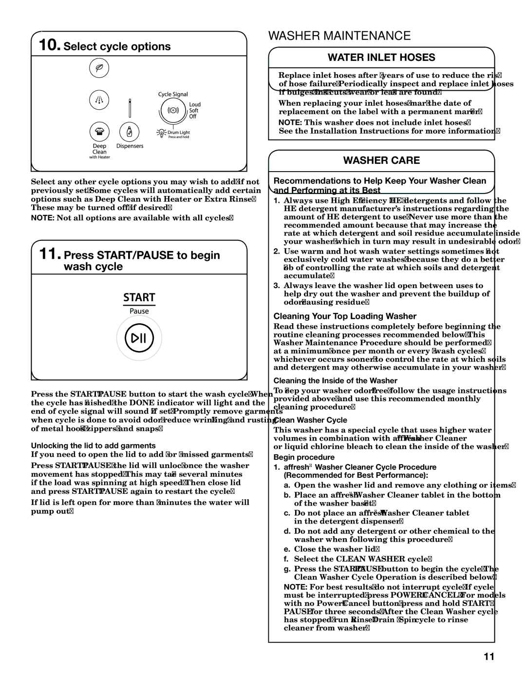 Whirlpool WTW8800YW, WTW8800YC warranty Washer Maintenance, Select cycle options, Press START/PAUSE to begin wash cycle 