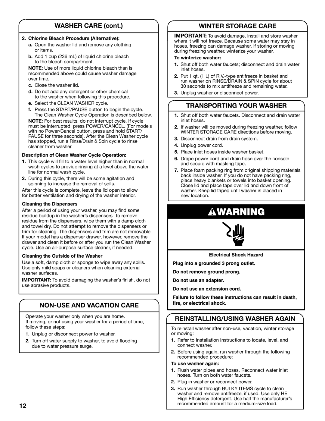 Whirlpool WTW8800YC, WTW8800YW warranty Chlorine Bleach Procedure Alternative, Description of Clean Washer Cycle Operation 