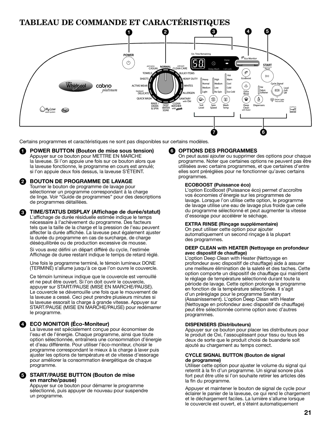 Whirlpool WTW8800YW, WTW8800YC warranty Tableau DE Commande ET Caractéristiques, Power Button Bouton de mise sous tension 