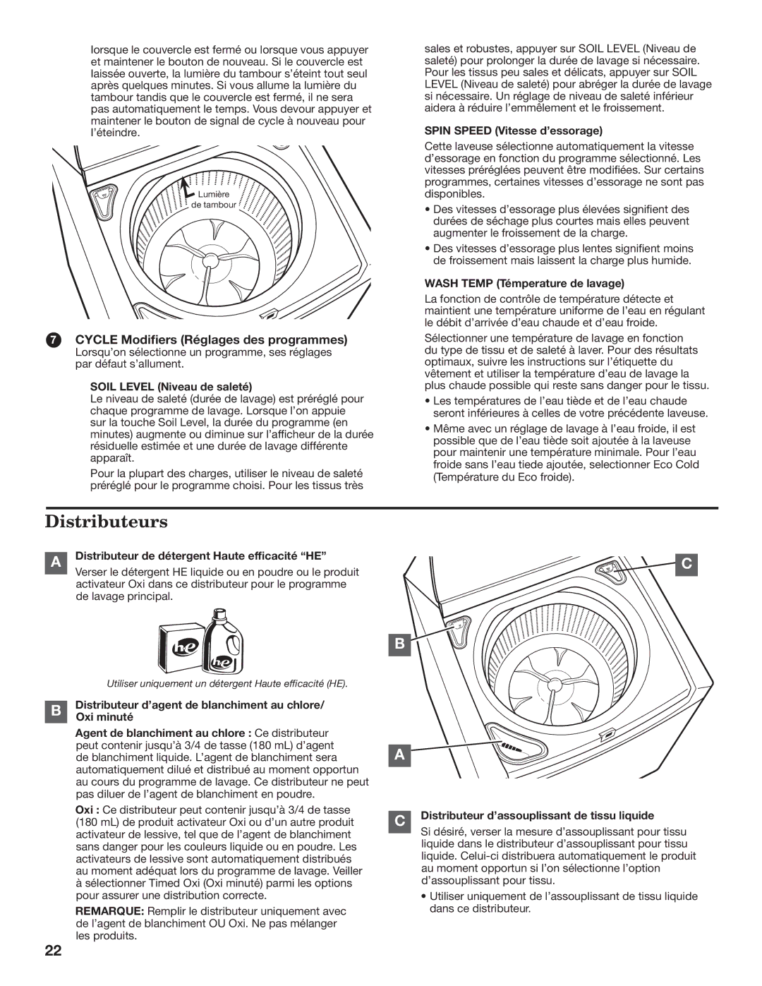 Whirlpool WTW8800YC Cycle Modifiers Réglages des programmes, Soil Level Niveau de saleté, Spin Speed Vitesse d’essorage 