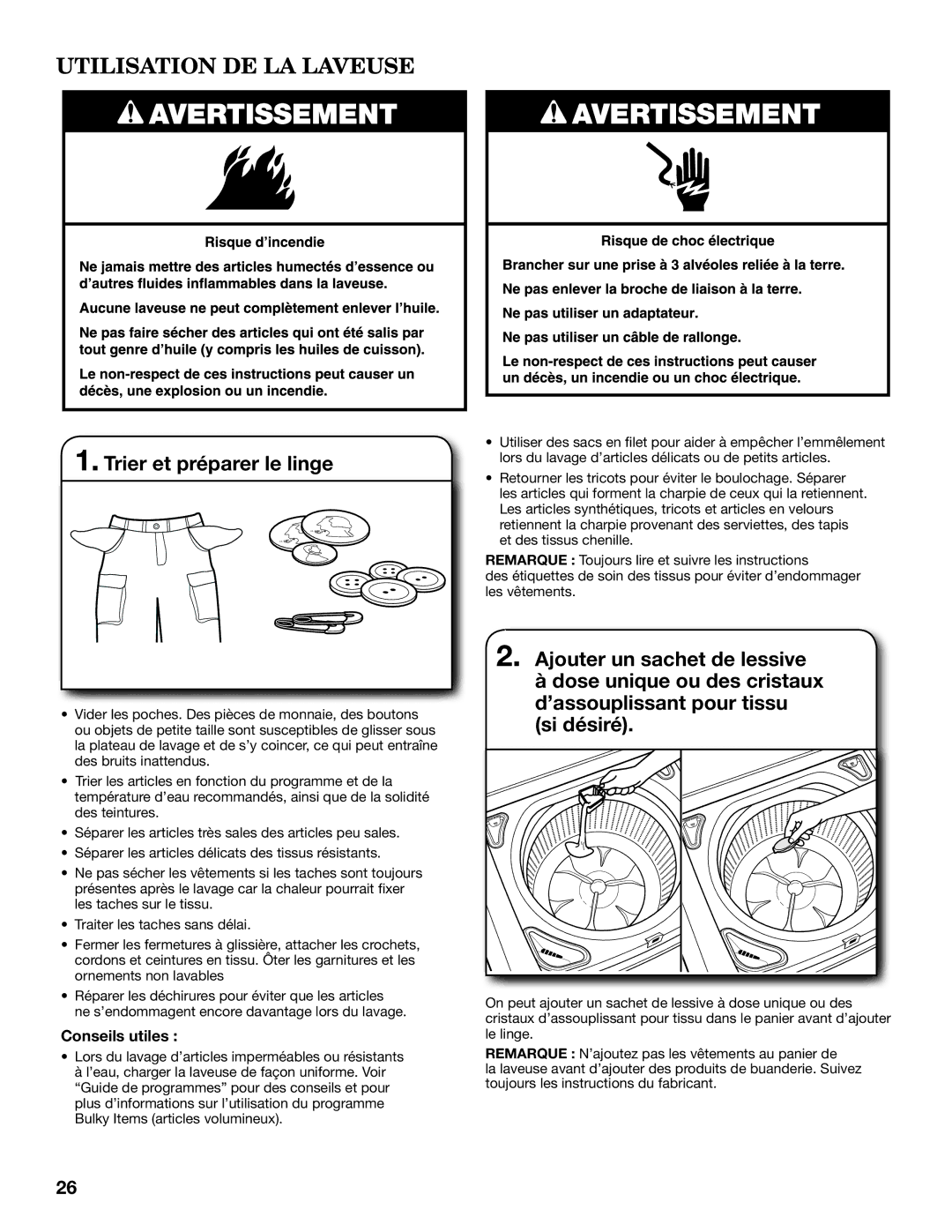 Whirlpool WTW8800YC, WTW8800YW warranty Utilisation DE LA Laveuse, Trier et préparer le linge, Conseils utiles 