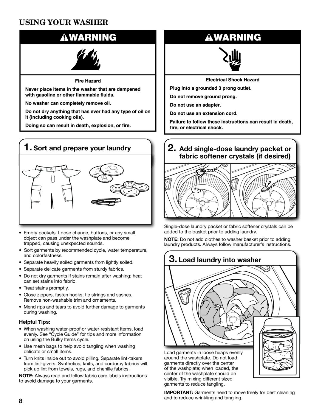 Whirlpool WTW8800YC, WTW8800YW warranty Using Your Washer, Load laundry into washer, Helpful Tips 