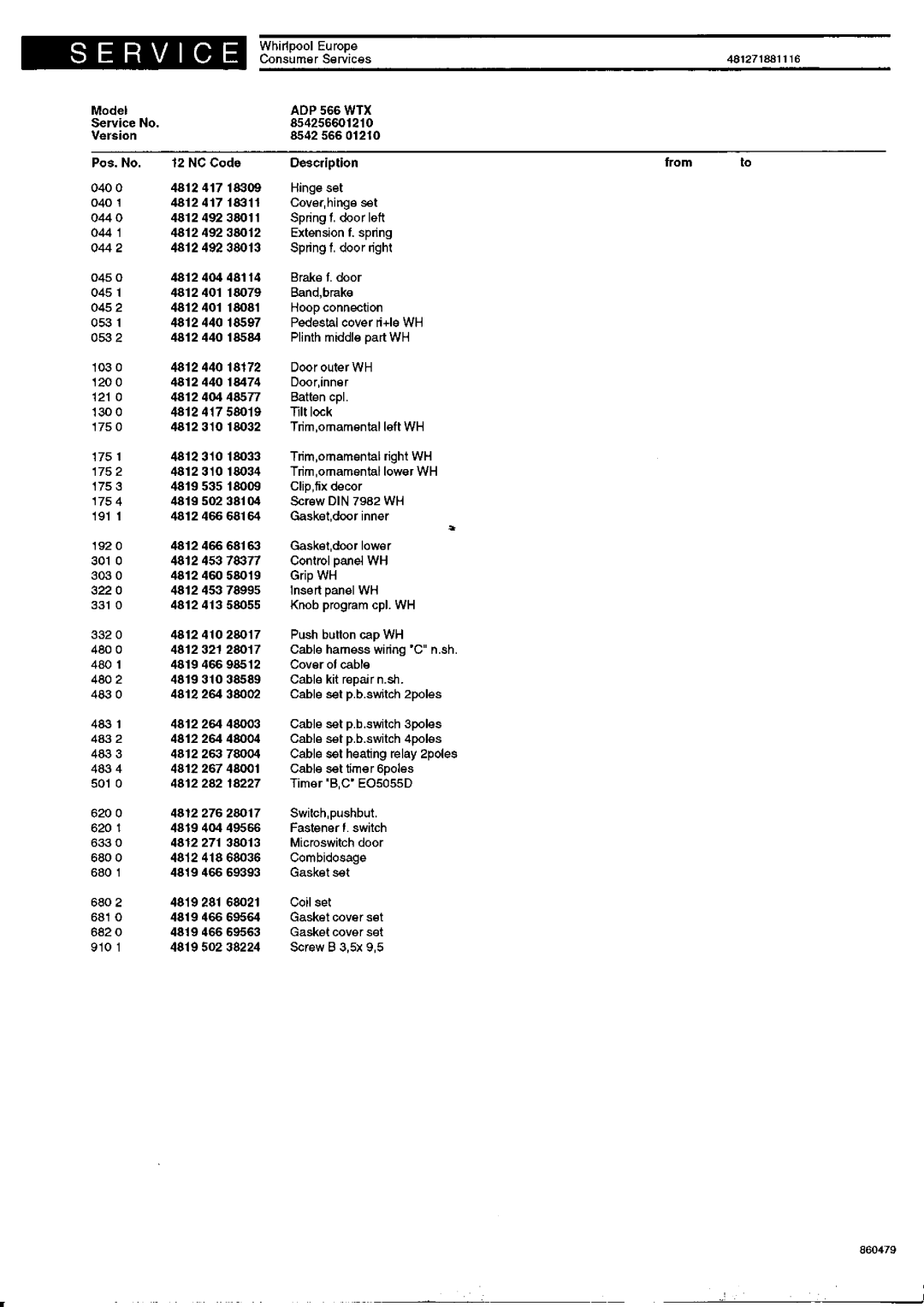 Whirlpool ADP 566 WTX service manual ConsumerServices, Service No 854256601210 