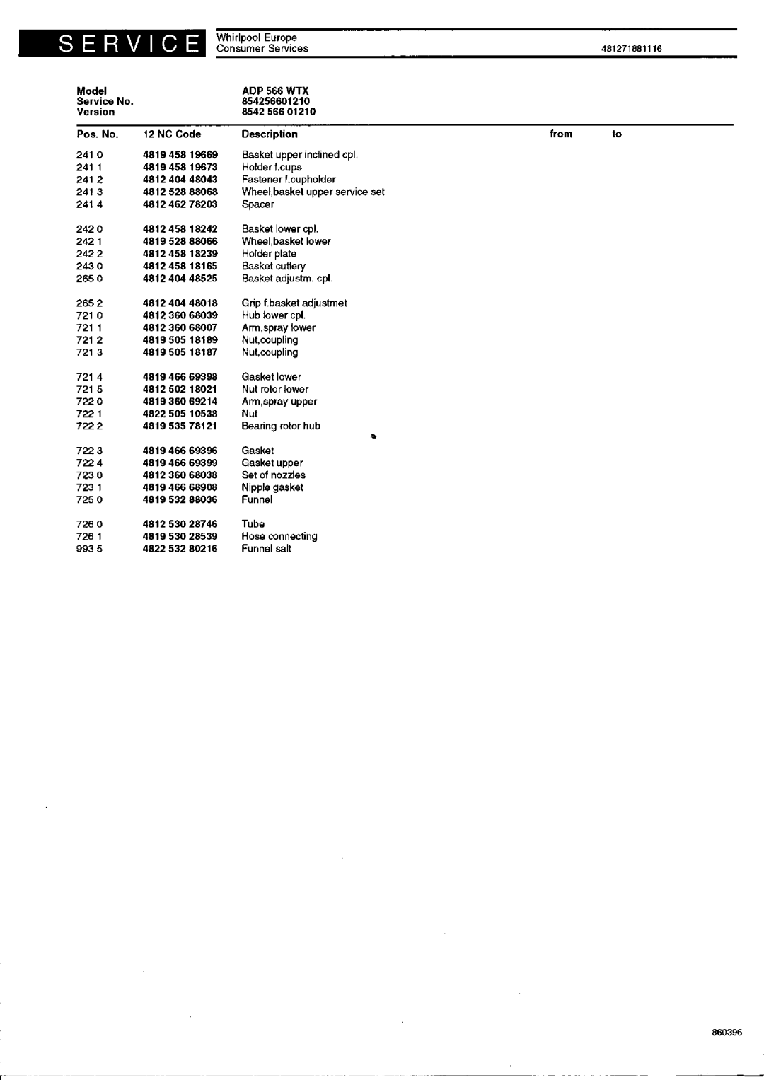 Whirlpool ADP 566 WTX service manual LY~ R81, Service 854256601210 