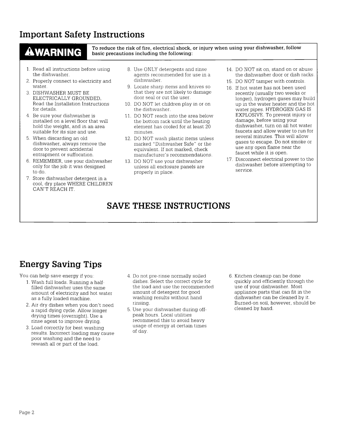 Whirlpool WU1000XO warranty Important Safety Instructions, Energy Saving Tips 