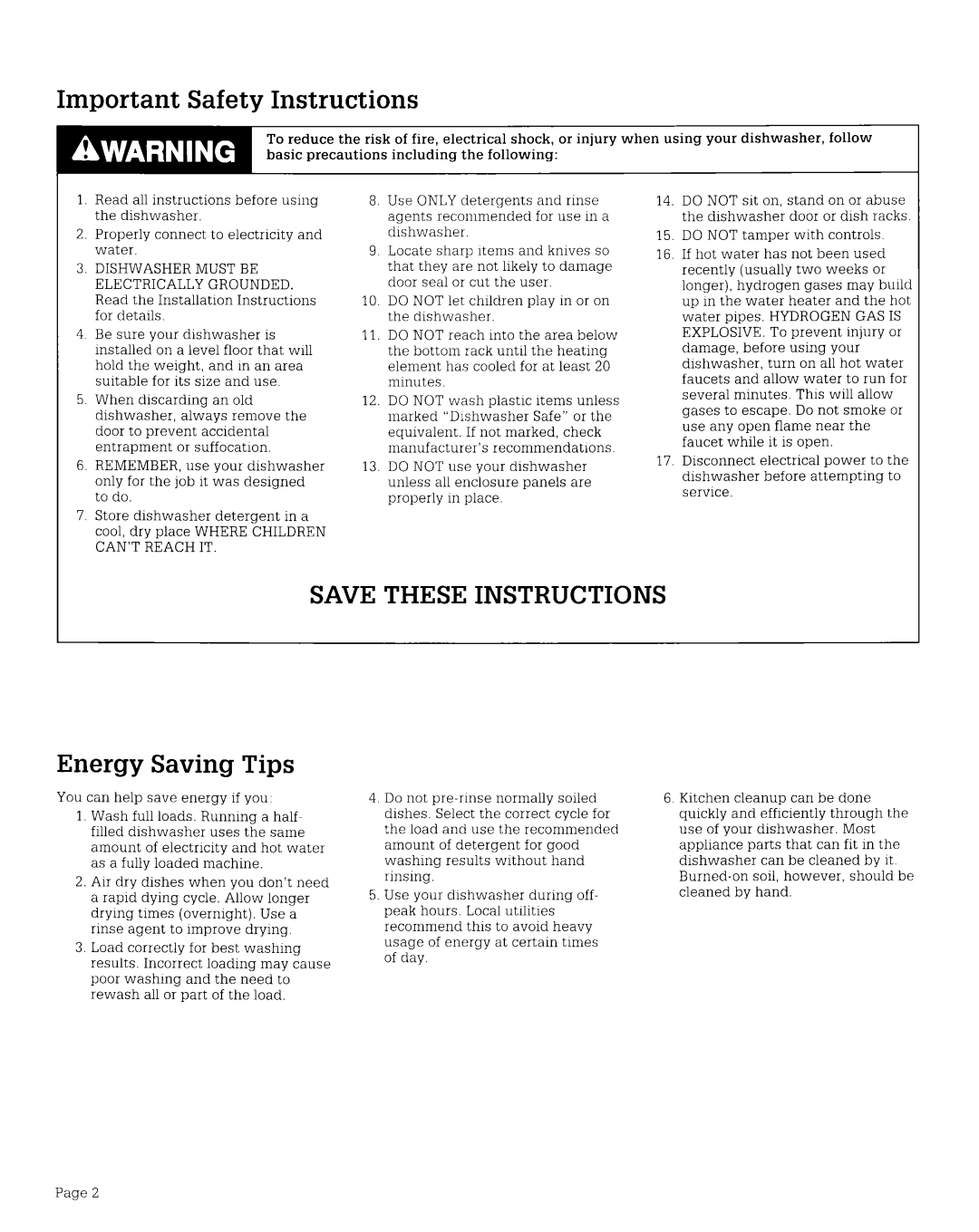 Whirlpool WU1000XO warranty Important Safety Instructions, SAVE THESE INSTRUCTIONS Energy Saving Tips 