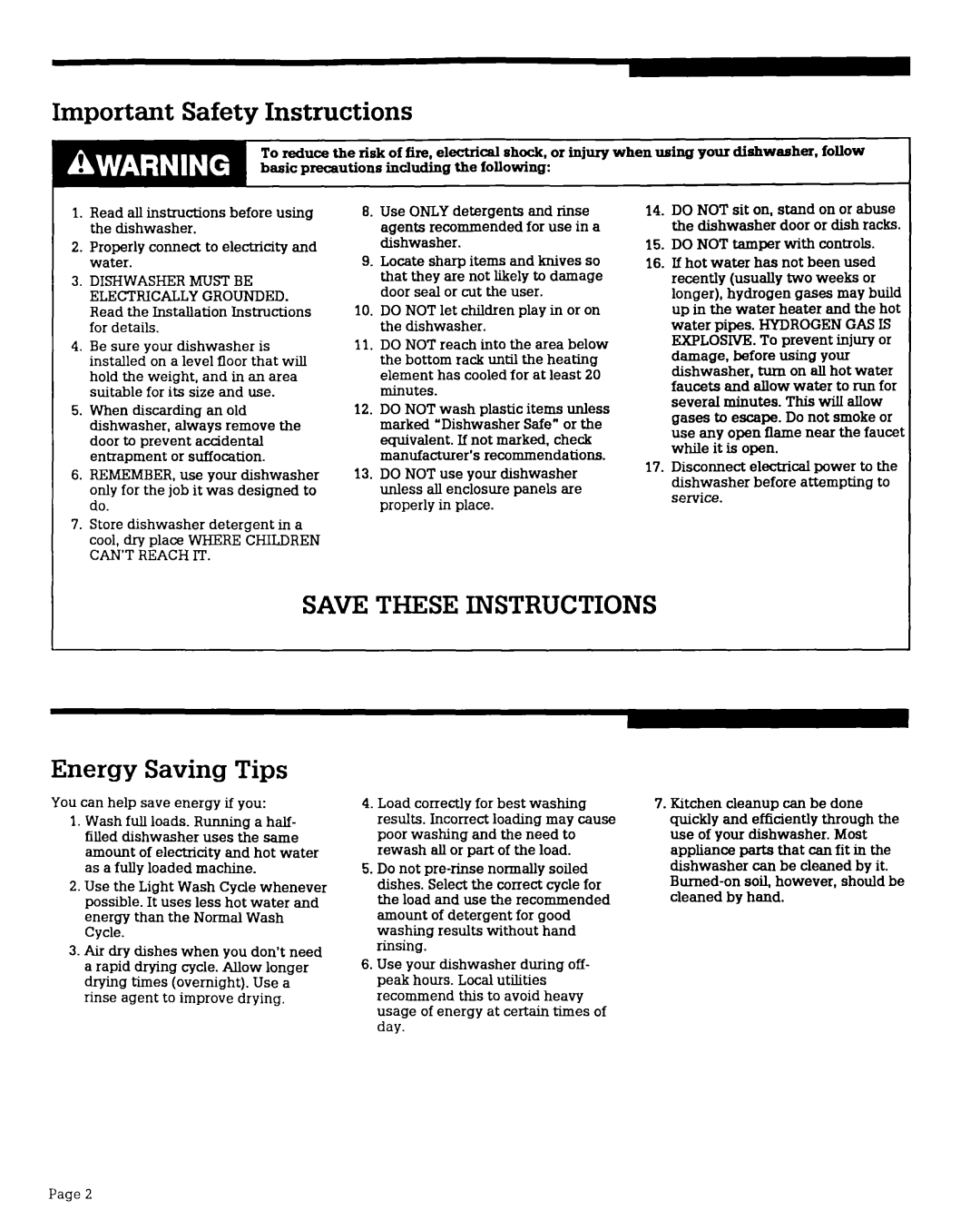 Whirlpool WU3OOOX warranty Important Safety Instructions, SAVE THESE INSTRUCTIONS Energy Saving Tips 