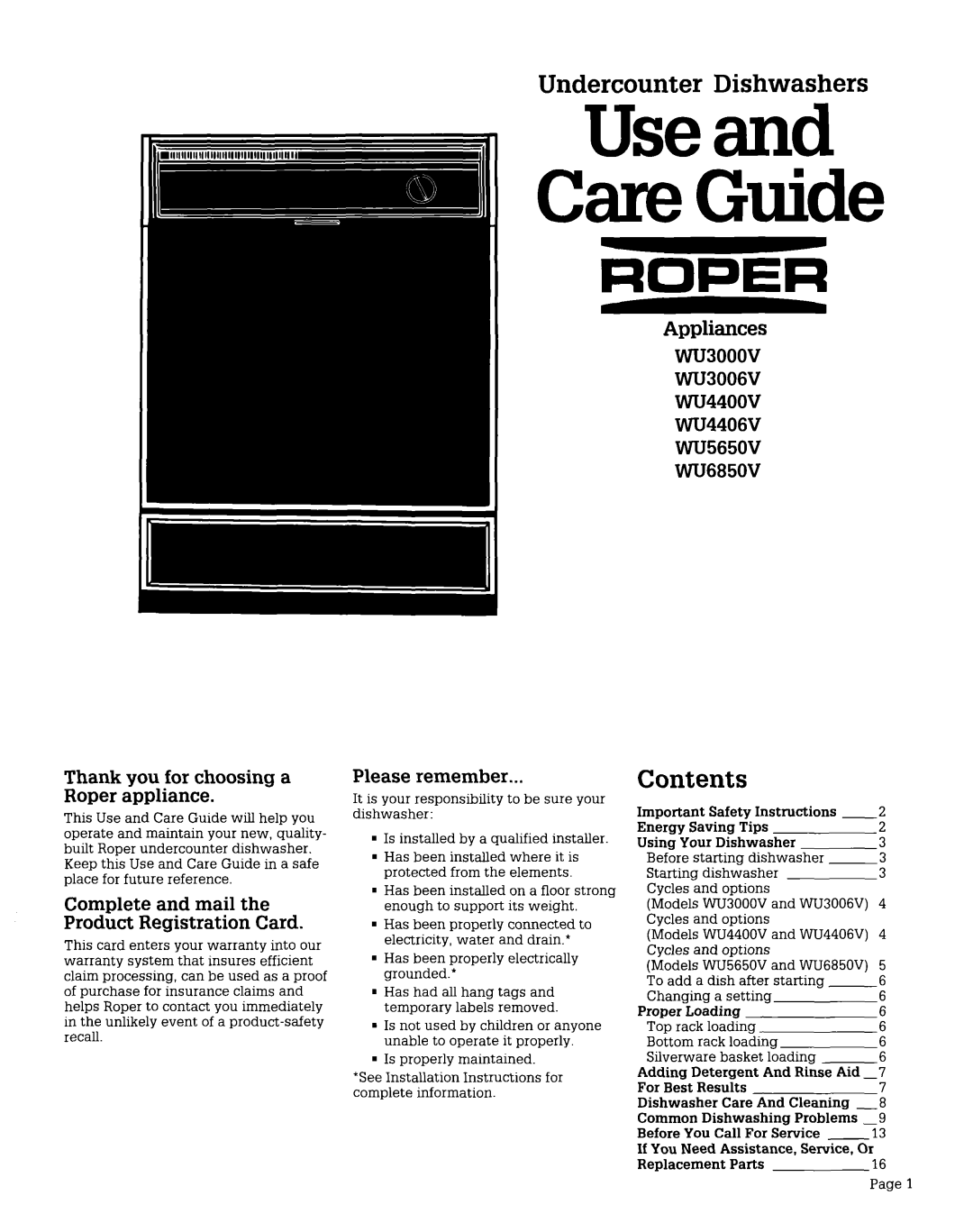 Whirlpool WU3000V, WU565OV, WU4406V, WU3006V, WU4400V important safety instructions Undercounter Dishwashers, Contents 