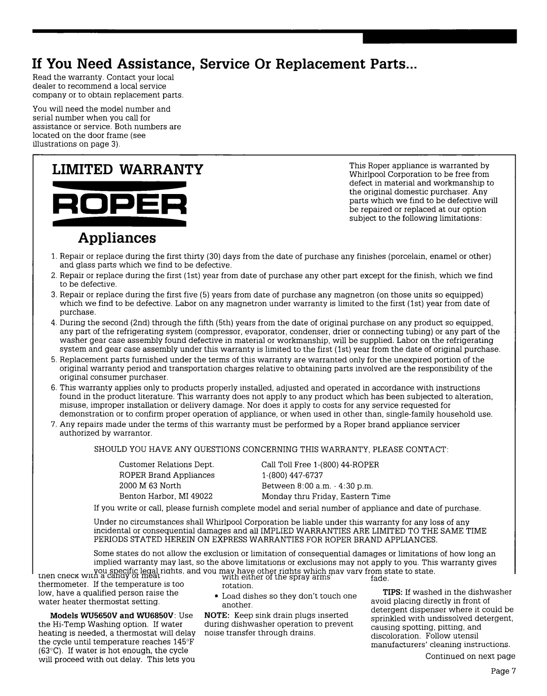 Whirlpool WU4400V, WU565OV, WU3000V, WU4406V, WU3006V If You Need Assistance, Service Or Replacement Parts, Appliances 