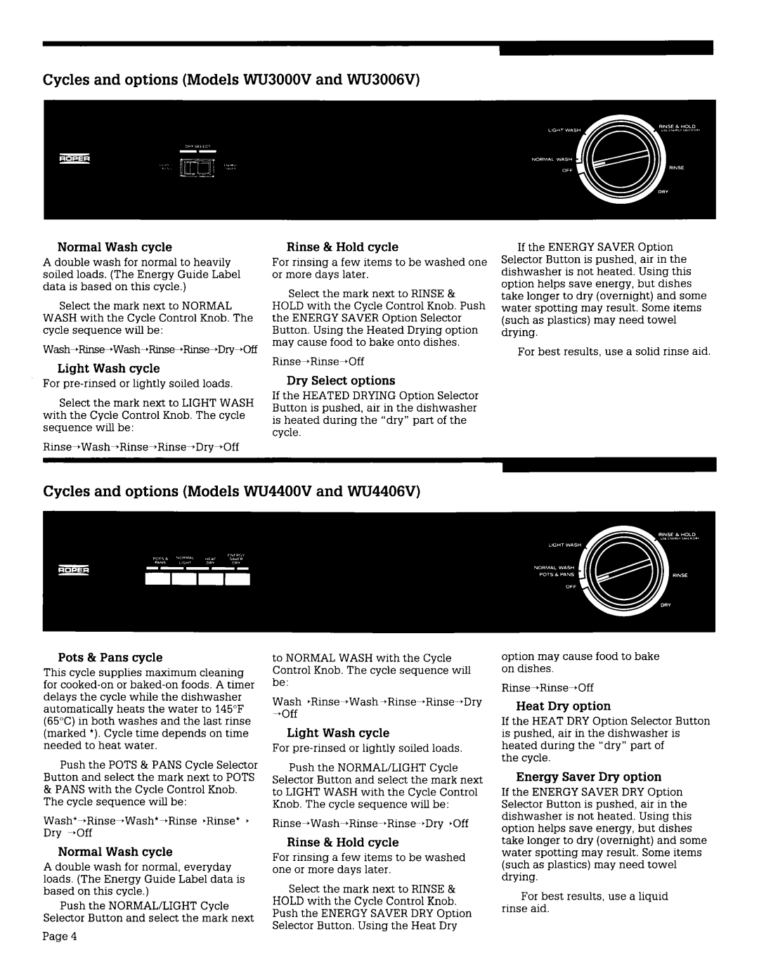 Whirlpool WU4400V, WU565OV Cycles and options Models WU3OOOVand WU3006V, Cycles and options Models WU44OOVand WU4406V 