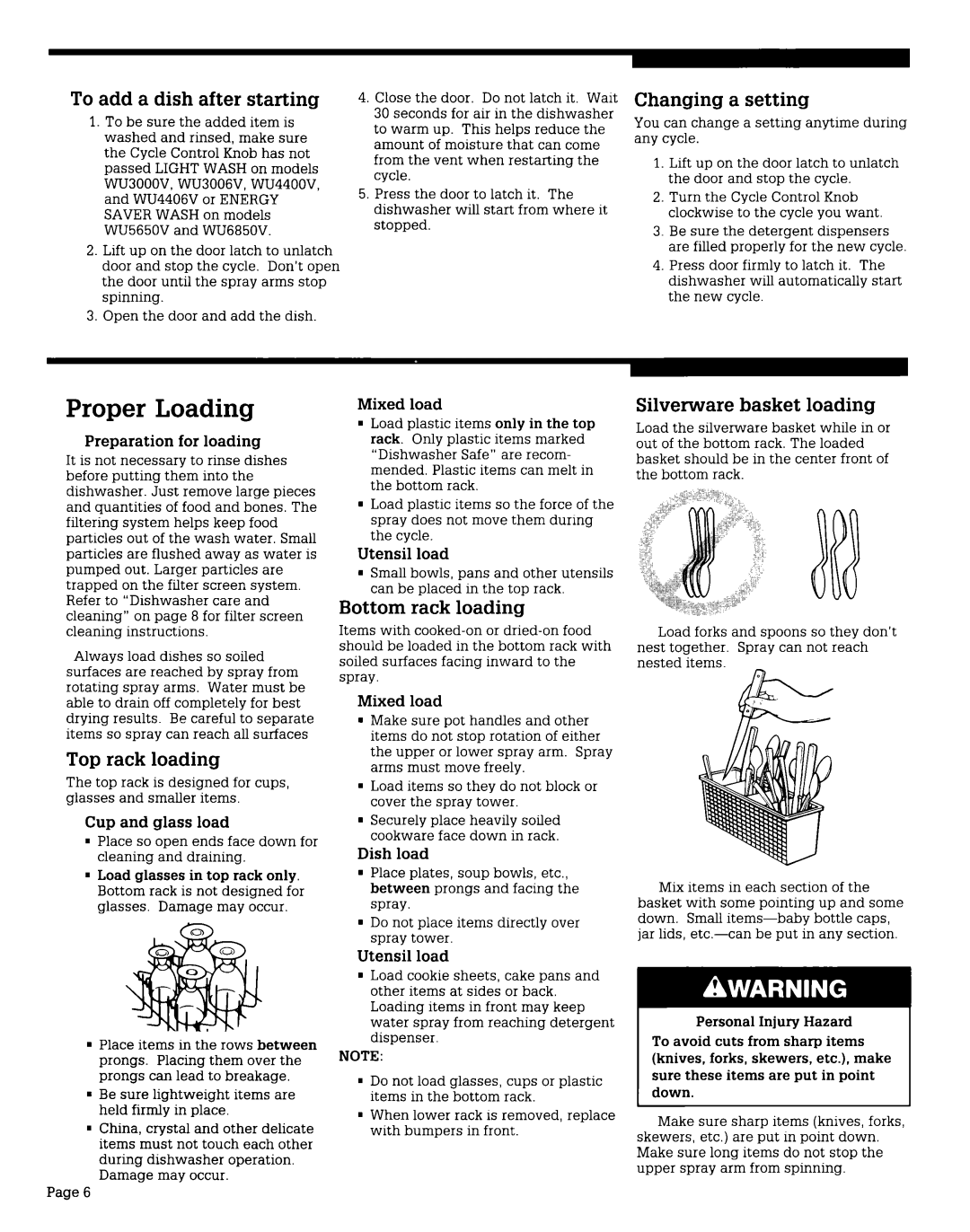 Whirlpool WU565OV, WU3000V, WU4406V Proper Loading, To add a dish after starting, Top rack loading, Bottom rack loading 