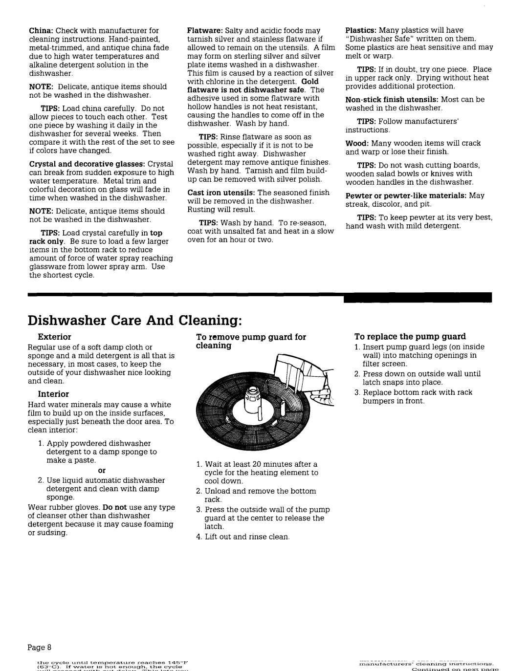 Whirlpool WU4406V, WU565OV, WU3000V, WU3006V, WU4400V, WU685OV important safety instructions Dishwasher Care And Cleaning 