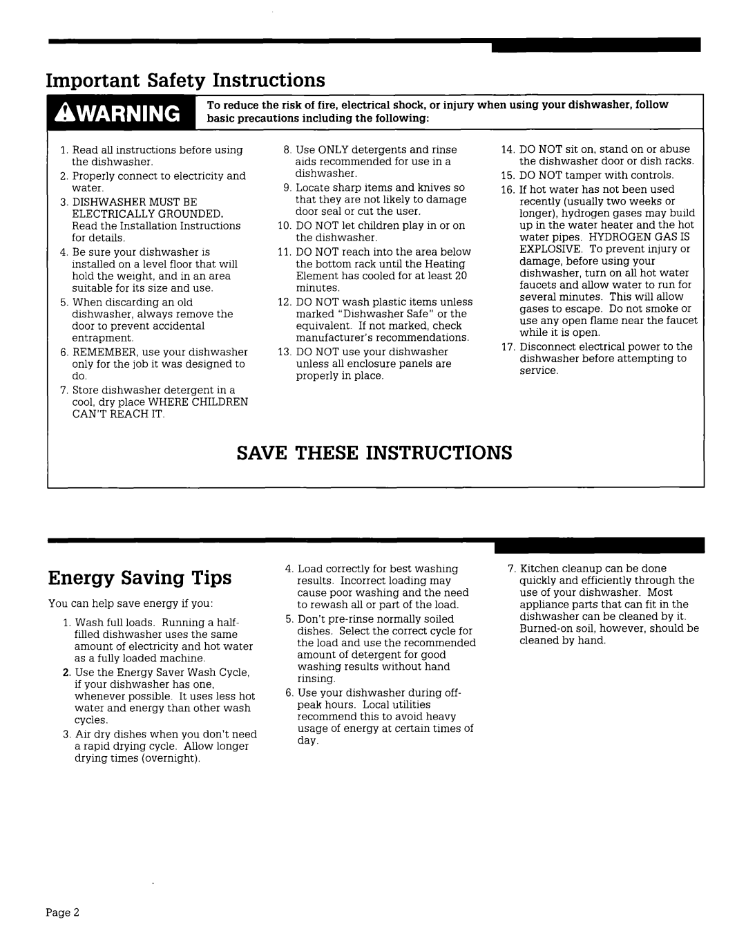 Whirlpool WU4406V, WU565OV, WU3000V, WU3006V Important Safety Instructions, Save These Instructions, Energy Saving Tips 