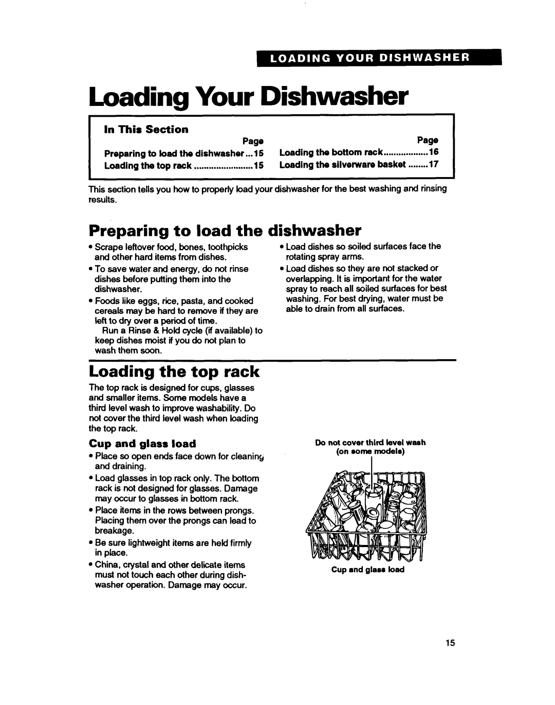 Whirlpool WU5750, WU4000, WU3000 Loading Your Dishwasher, Preparing to load, Loading the top rack, Cup and glass load 