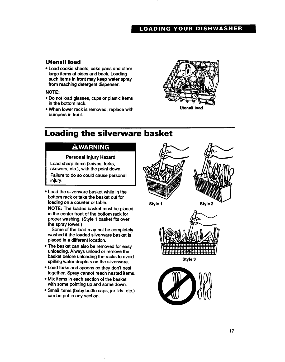 Whirlpool WU3000, WU5750, WU4000 warranty Loading the silverware basket, Personal Injury Hazard 