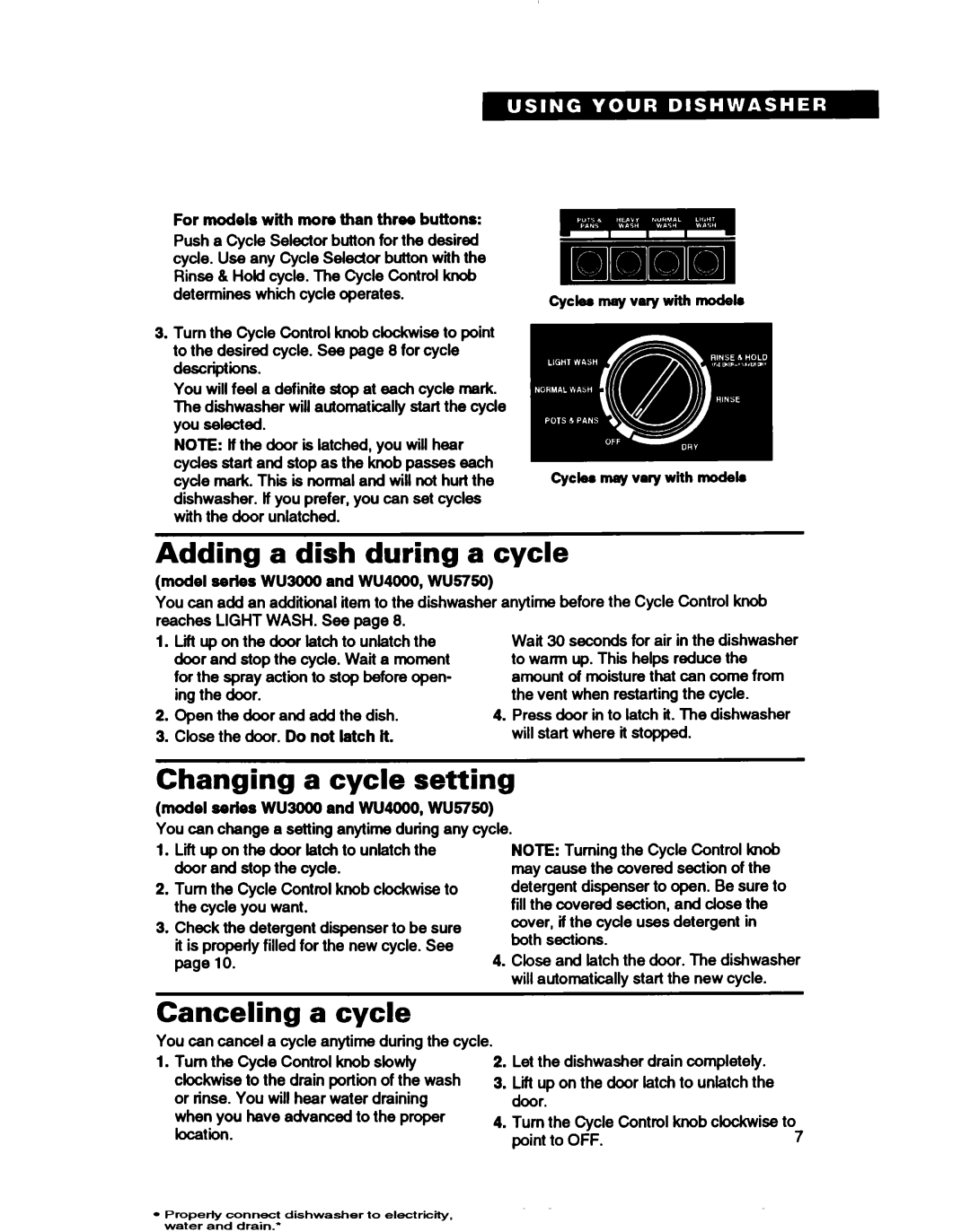 Whirlpool WU4000, WU5750, WU3000 warranty Adding a dish during a cycle, Cycle Setting, Canceling a cycle 