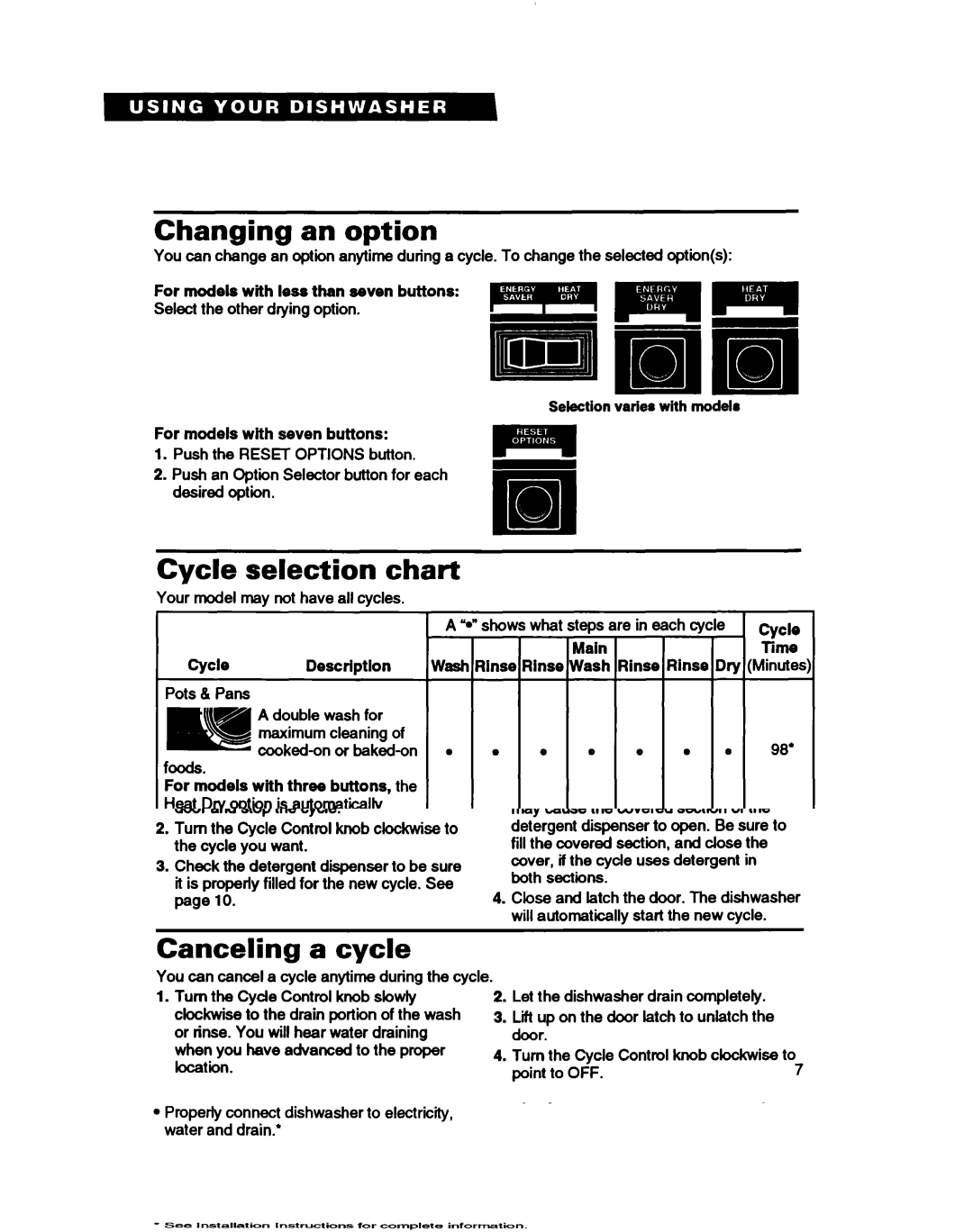 Whirlpool WU3000 Changing an option, Cycle selection chart, Selection varie8 with model For models with seven buttons 