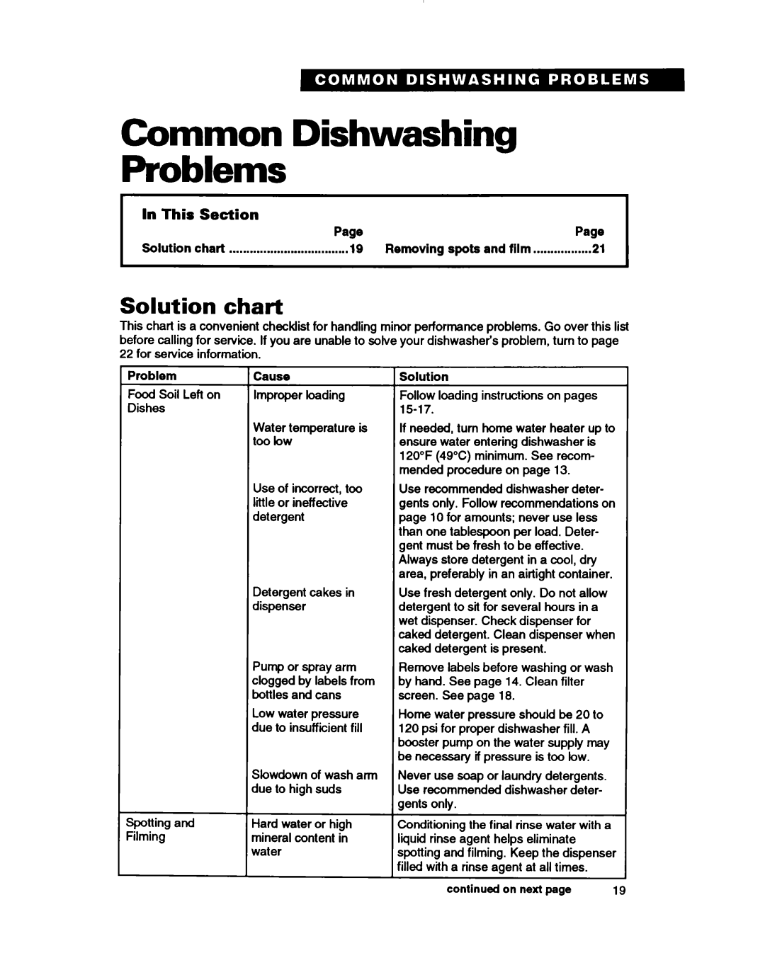 Whirlpool WU4000, WU5750 Common Dishwashing Problems, Solution chart, In This Section, Cause, continued on next page 