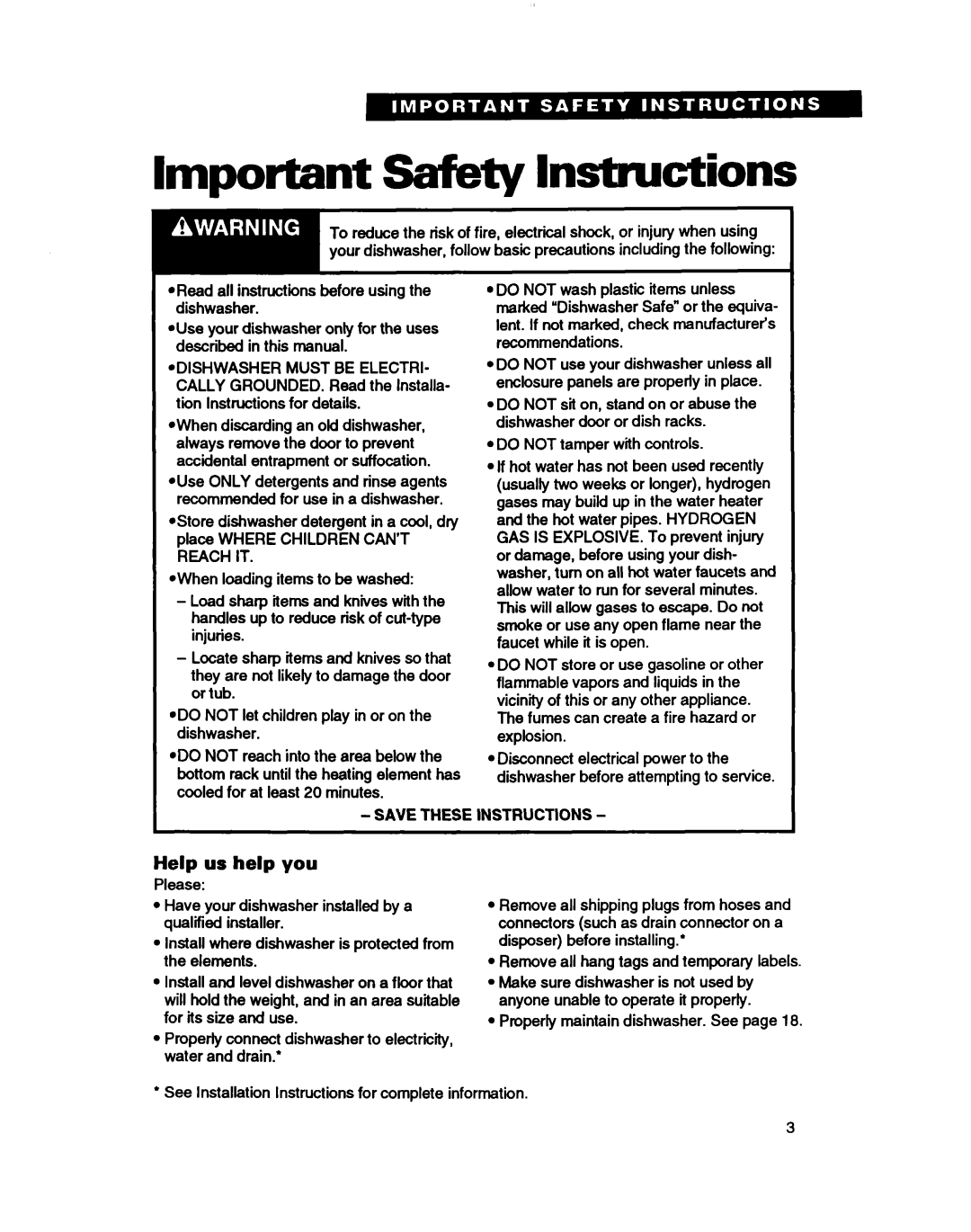 Whirlpool WU5750, WU4000, WU3000 warranty Important Safety Instructions, Help us help you 