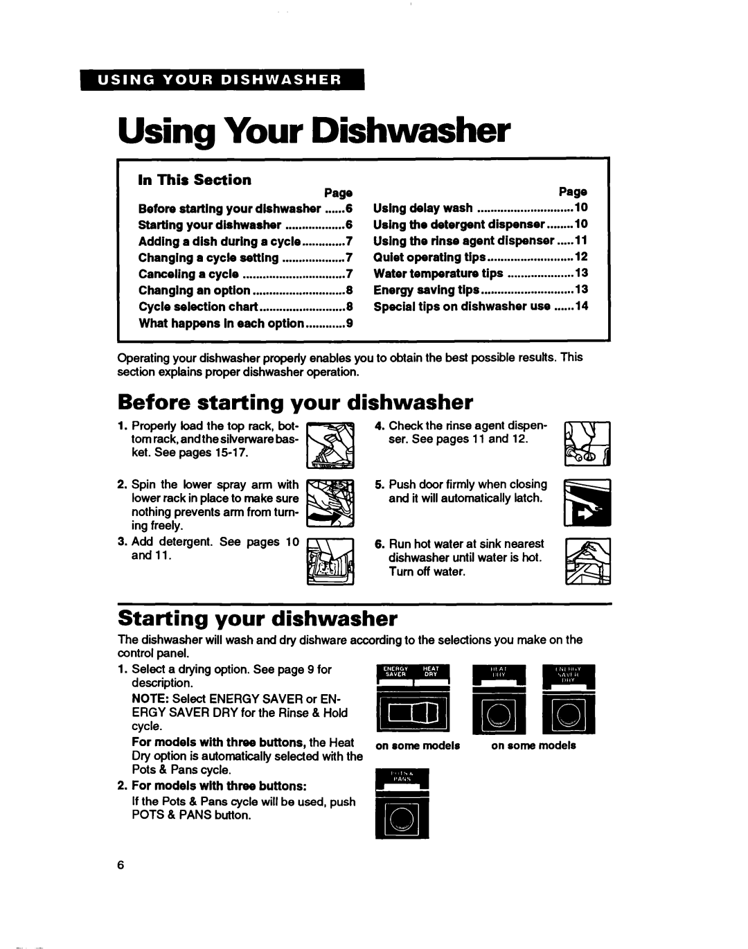 Whirlpool WU5750, WU4000 Using Your Dishwasher, Before starting your, Starting your dishwasher, In This, Section 