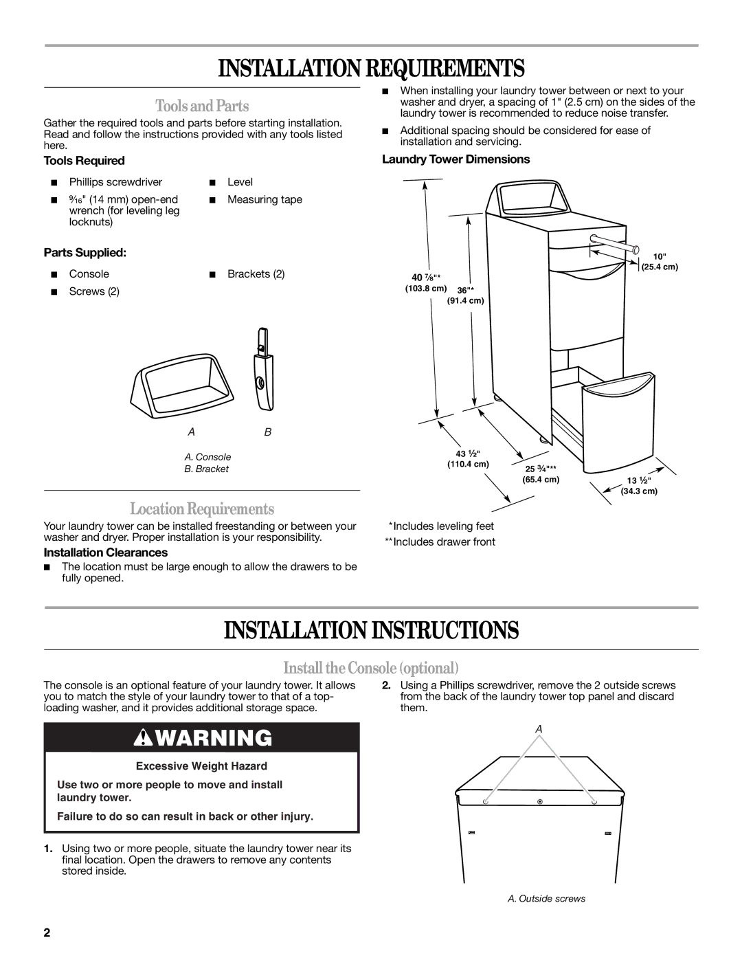 Whirlpool WVP8600S Installation Requirements, Installation Instructions, ToolsandParts, LocationRequirements 