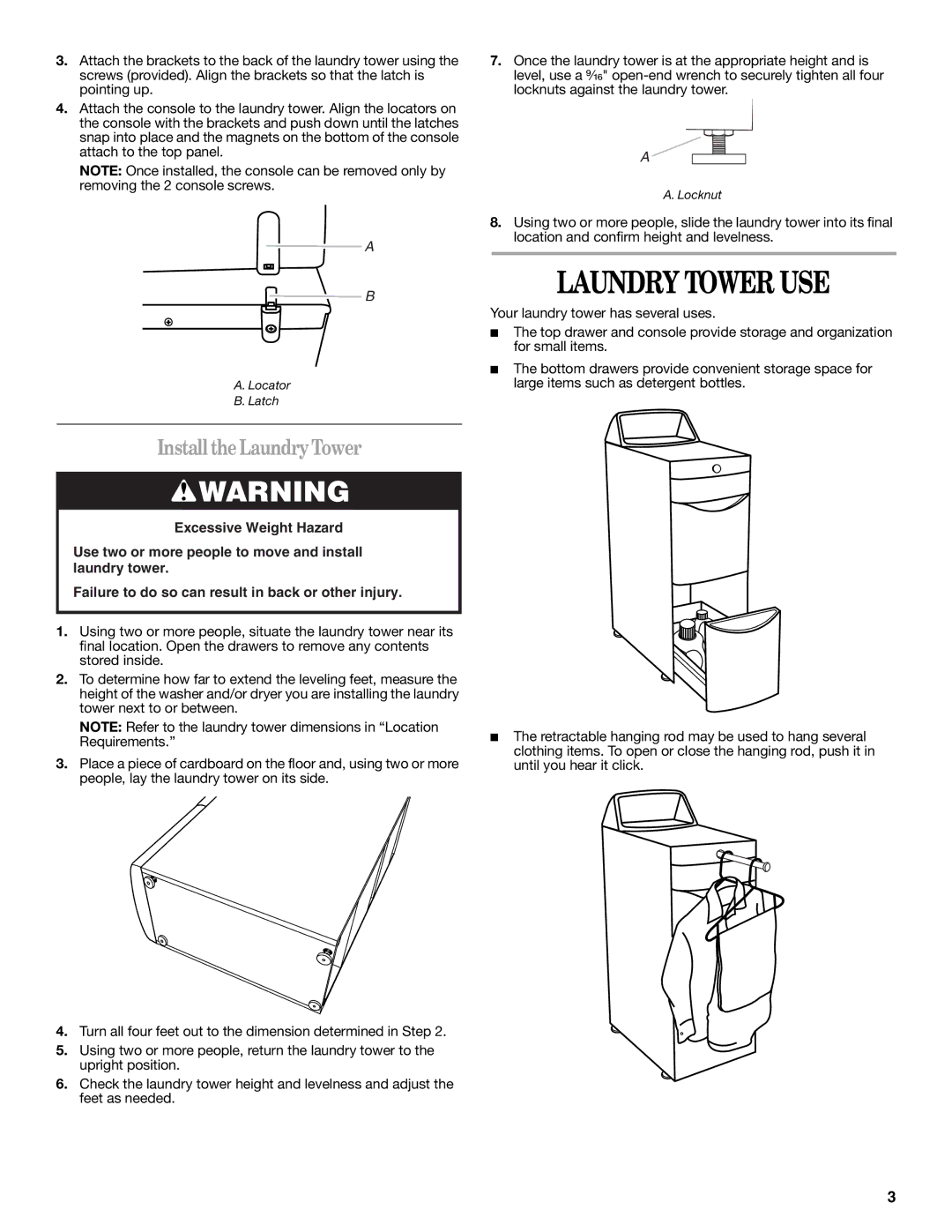 Whirlpool WVP8600S installation instructions Laundry Tower USE, InstalltheLaundryTower 