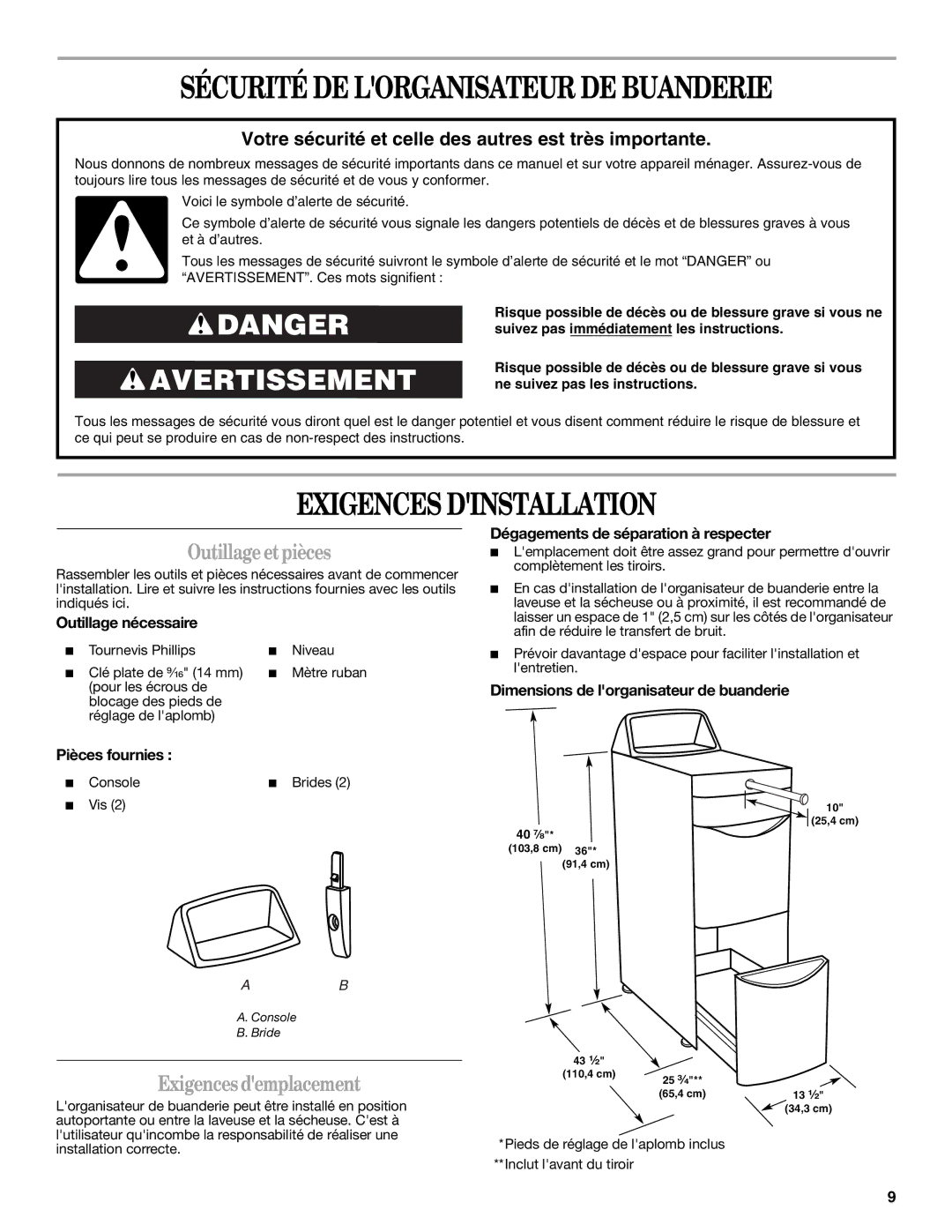 Whirlpool WVP8600S Sécurité DE Lorganisateur DE Buanderie, Exigences Dinstallation, Outillageetpièces 