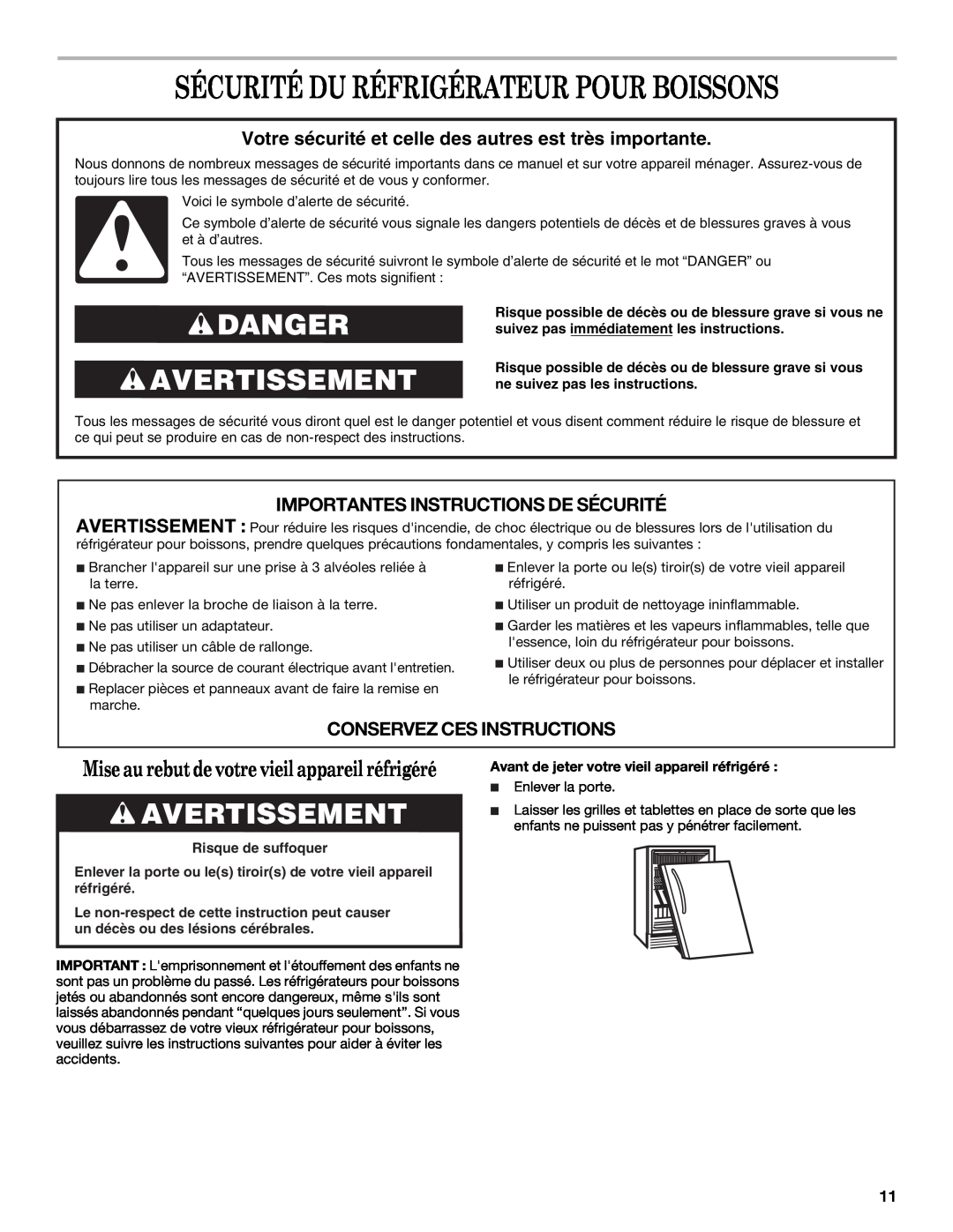 Whirlpool WWC359BLS Sécurité Du Réfrigérateur Pour Boissons, Danger Avertissement, Importantes Instructions De Sécurité 