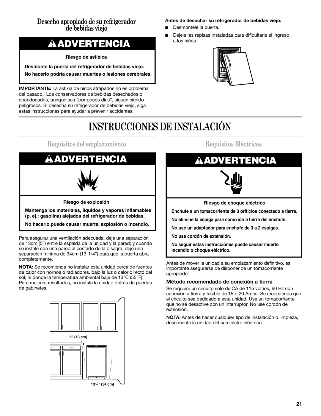 Whirlpool WWC359BLS manual Instrucciones De Instalación, Advertencia, de bebidas viejo, Requisitos del emplazamiento 