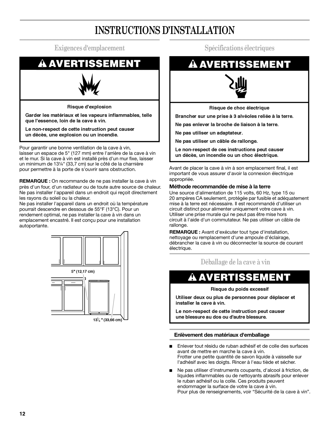 Whirlpool WWC4589BLS manual Instructions D’INSTALLATION, Exigencesdemplacement, Spécifications électriques 